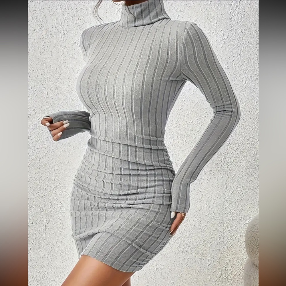 new grey bodycon turtleneck long sleeve dress